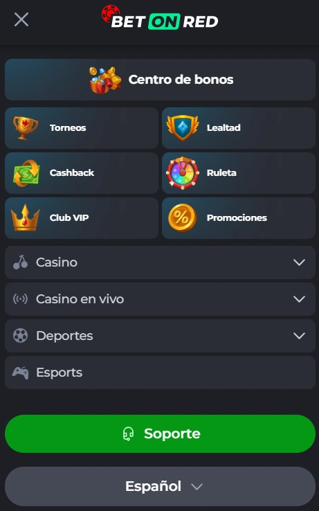 Menu movil Bet On Red Casino